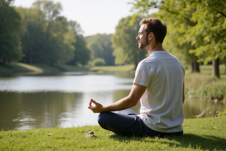 O persoană care practică yoga în natură, simbolizând gestionarea stresului și echilibrul