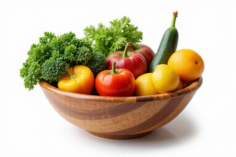 Bol de fructe proaspete și legume colorate, reprezentând o dietă echilibrată