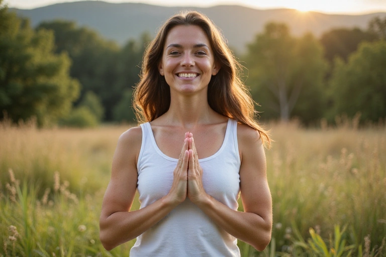 Femeie zâmbitoare care face yoga în natură, simbolizând echilibrul și bunăstarea