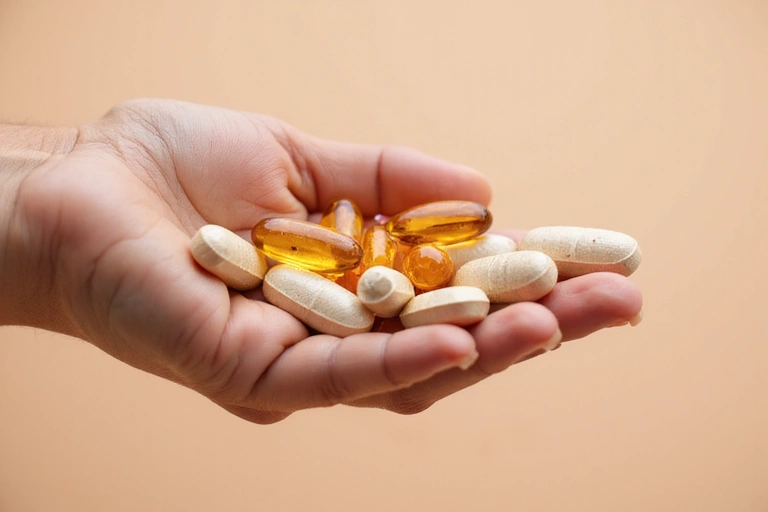 Mână care ține un supliment alimentar, ilustrând importanța vitaminelor și mineralelor