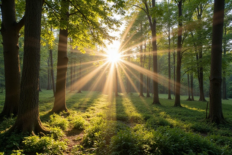 Pădure liniștită cu raze de soare filtrând prin copaci, simbolizând relaxarea și natura