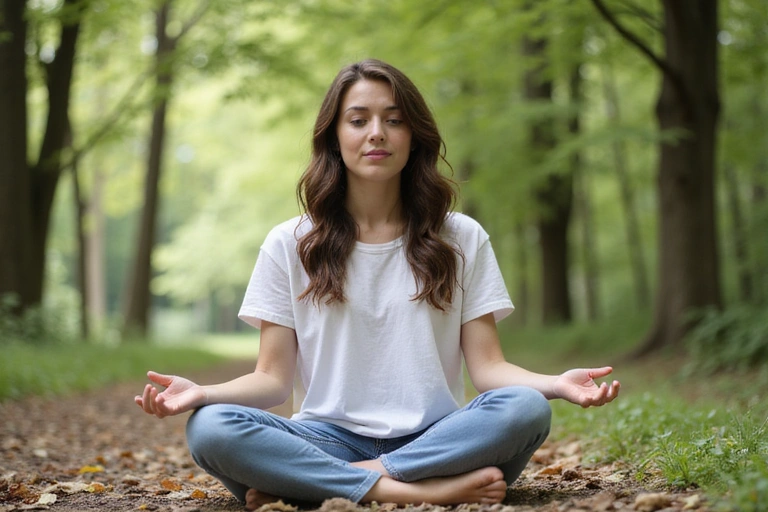 Tânără femeie meditând într-un cadru liniștit, reprezentând sănătatea mentală