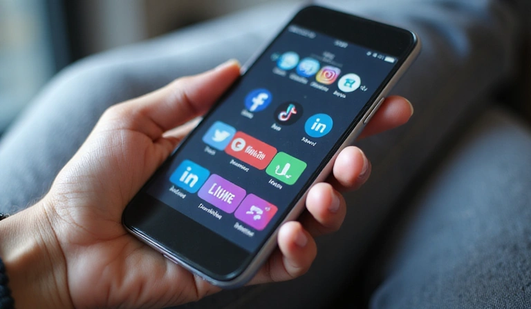 O mână ținând un smartphone cu logo-uri de social media pe ecran