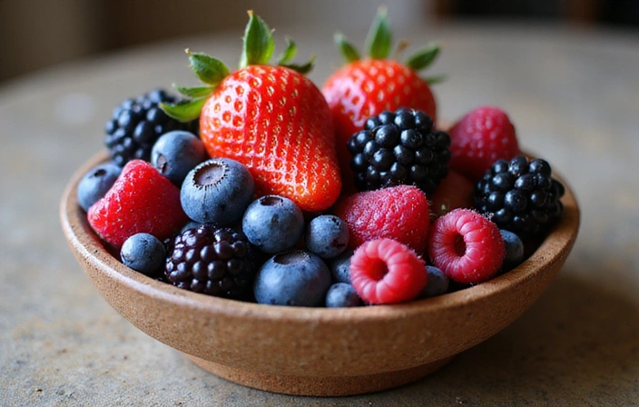 Imagine cu o varietate de fructe de pădure proaspete și colorate, aranjate artistic într-un bol, sugerând abundența de antioxidanți.