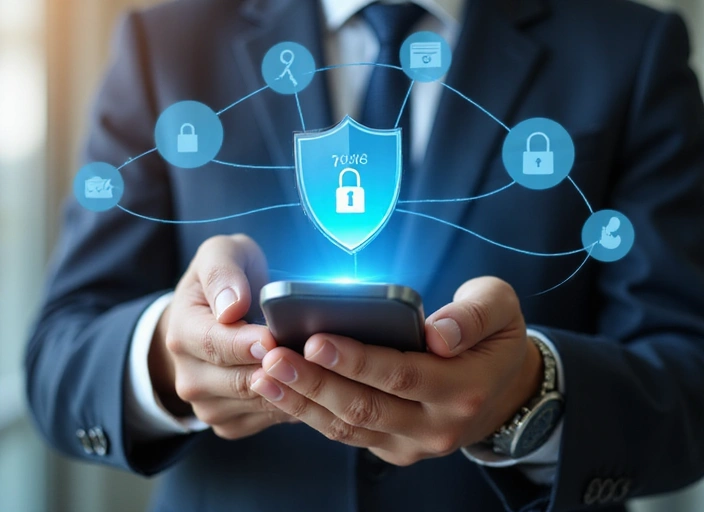 Mână ținând un smartphone cu iconițe de securitate și date private
